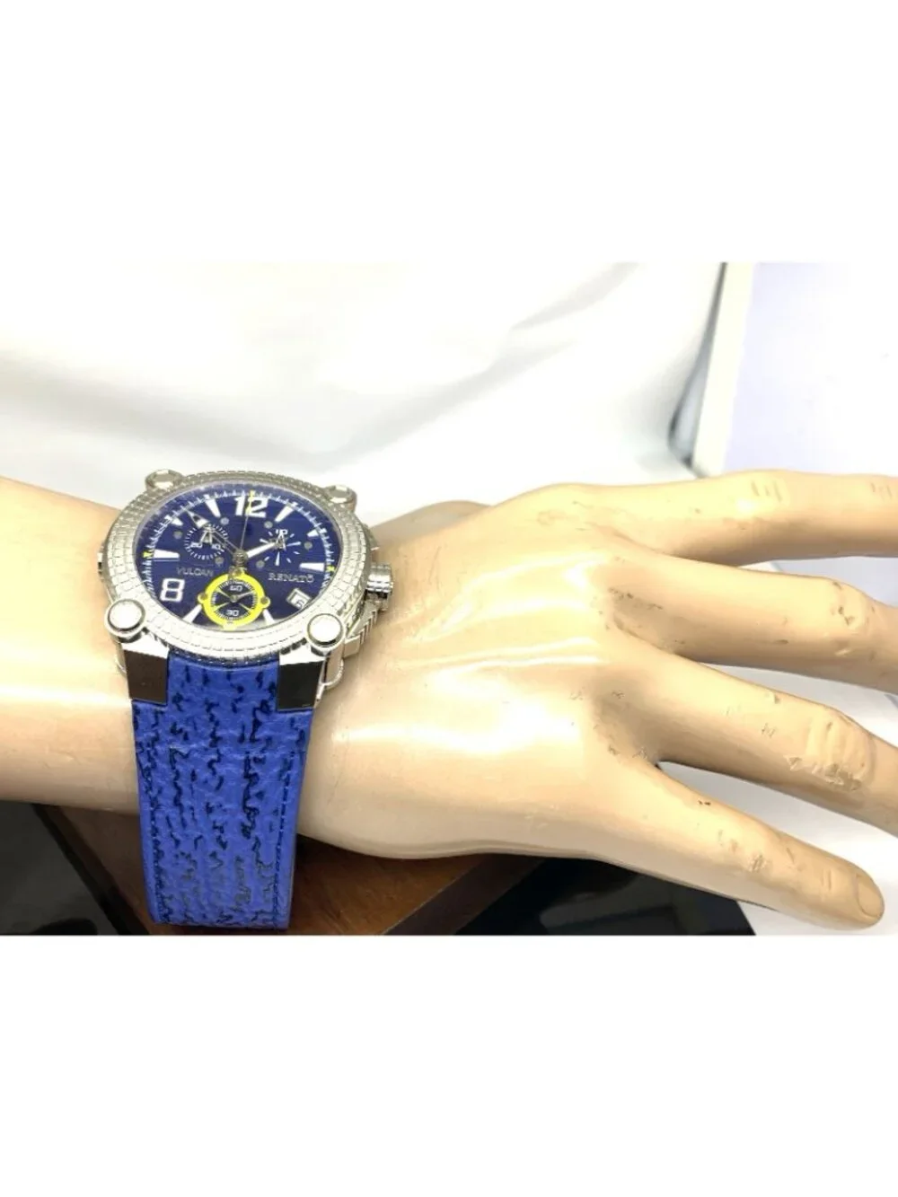 Renato Vulcan Men's Watch Swiss Quartz Chronograph Blue Dial Leather Strap 46mm
